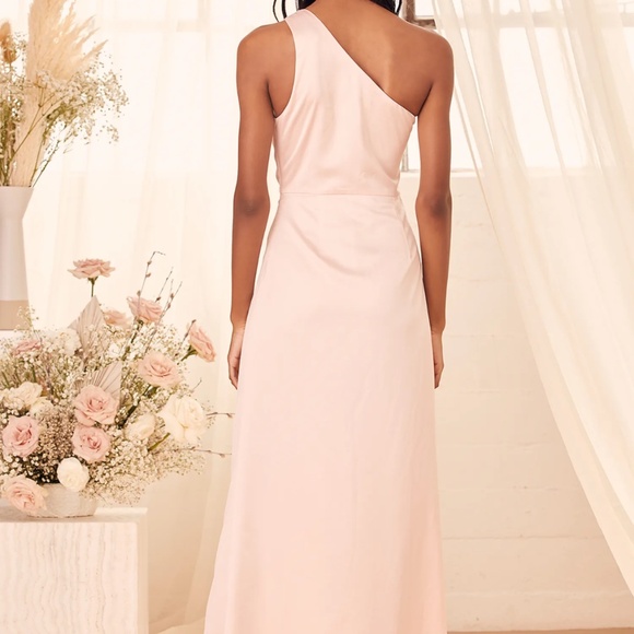 Lulus Dreaming of Elegance Blush Pink Satin One - Shoulder Maxi Dress - Picture 3 of 12